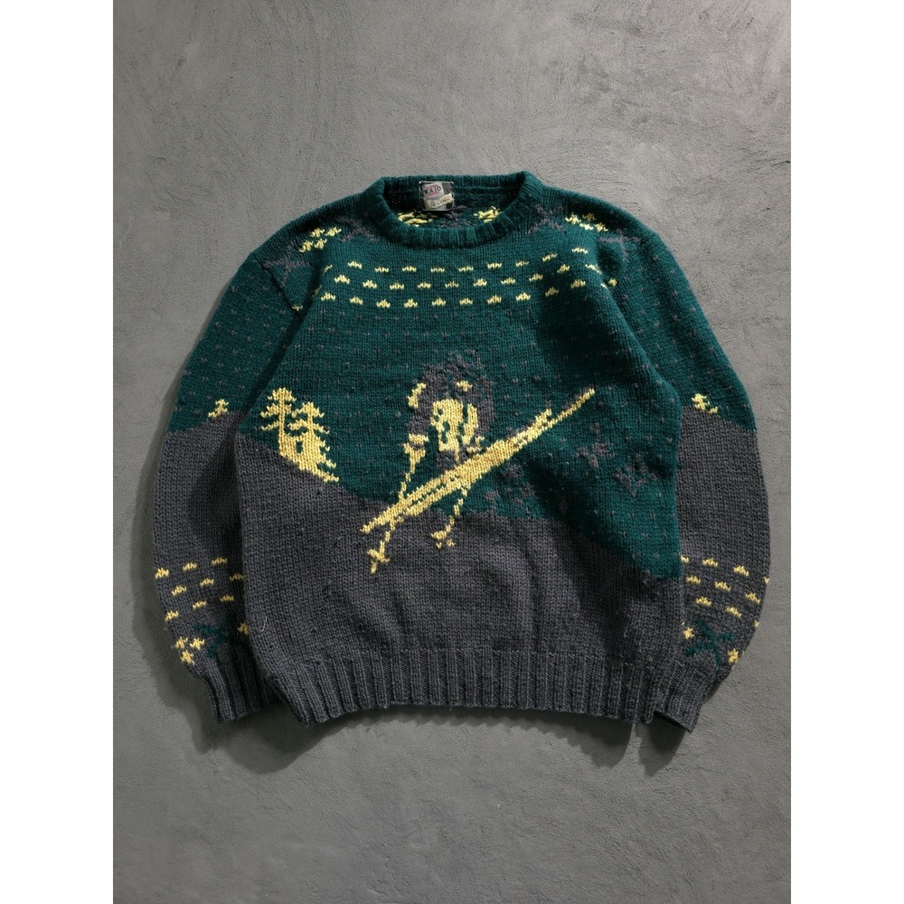 Vintage 90s Kaid Green Grey Wool‎ Crewneck Knit Sweater Ski Jumper L